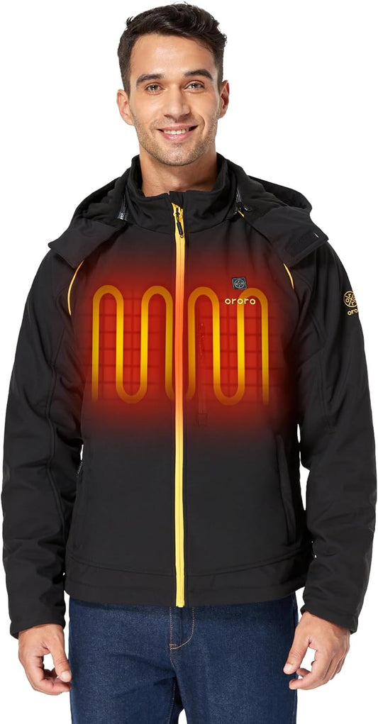 Men'S Soft Shell Heated Jacket with Detachable Hood and Battery Pack