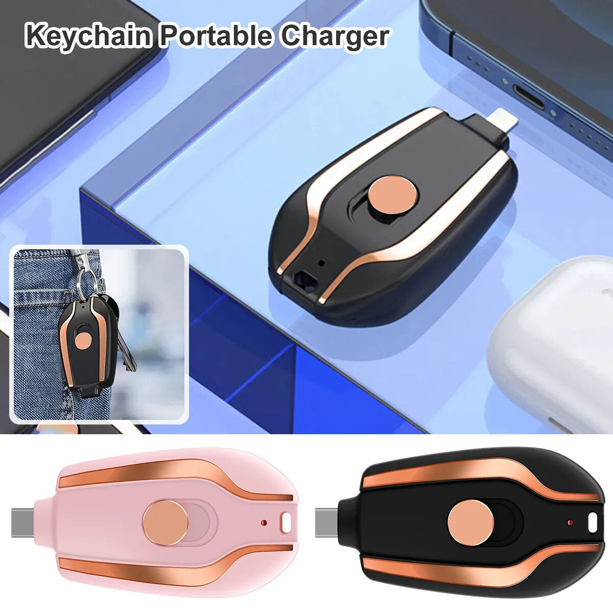 Keychain Portable Charger Compatible with Android 1500Mah Durable Key Chain Phone Charger Type-C Mini Power Emergency Charger