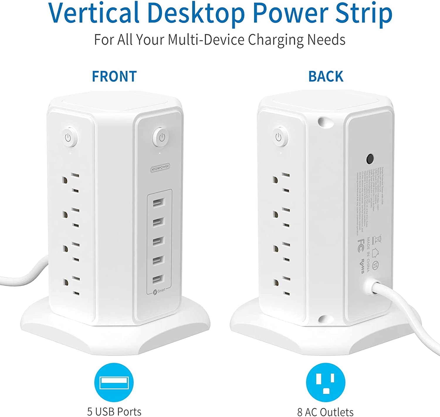 Power Strip Tower Surge Protector,  8 Outlet 5 USB Desktop Charging Station 1625W 13A, 6FT Extension Cord Flat Plug, Individual Switches, 1080 Joules, Overload Protection for Home Office