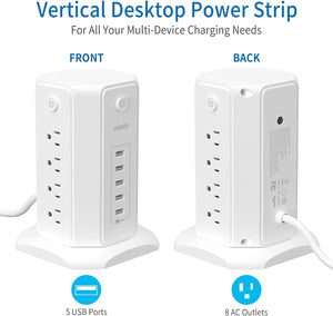 Power Strip Tower Surge Protector,  8 Outlet 5 USB Desktop Charging Station 1625W 13A, 6FT Extension Cord Flat Plug, Individual Switches, 1080 Joules, Overload Protection for Home Office